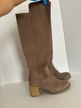 MTNG Taupe Suede Over-the-Knee Block Heel Boots